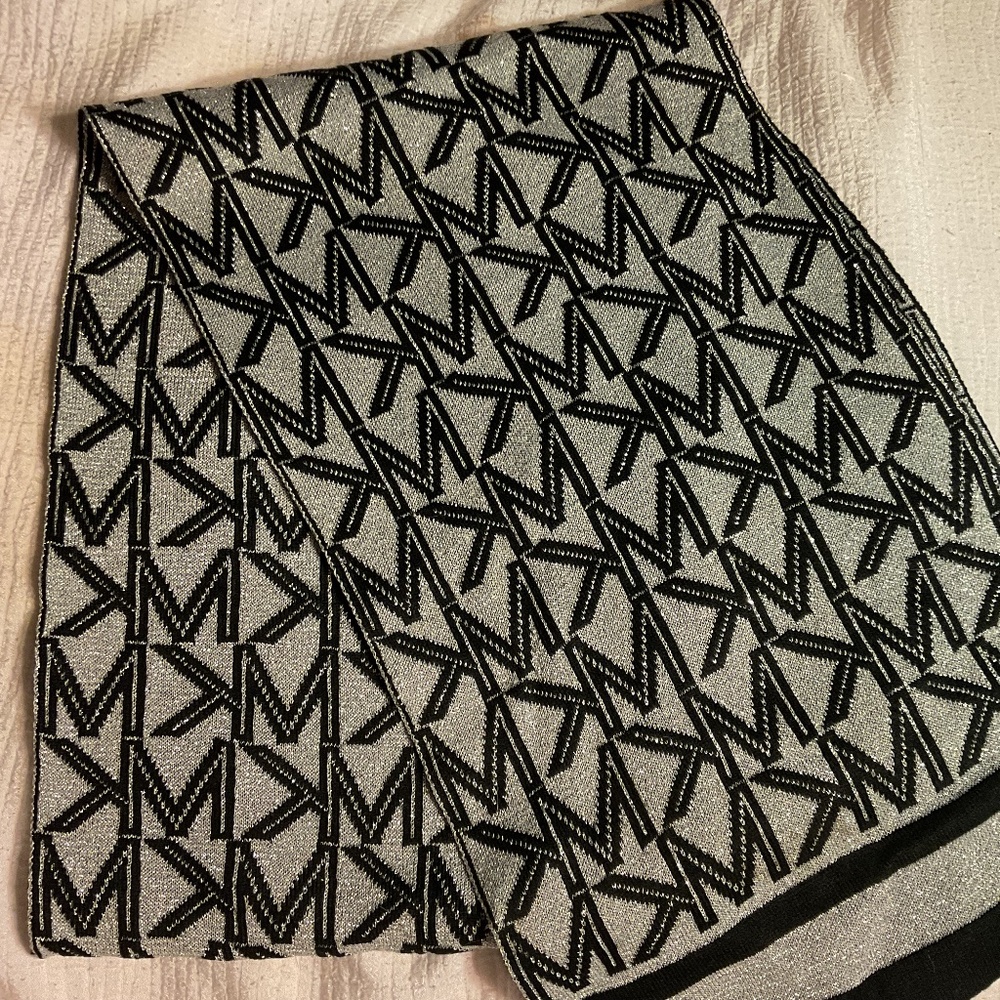 Michael Kors MK Logo Black Metallic Silver Reversible Signature Scarf
